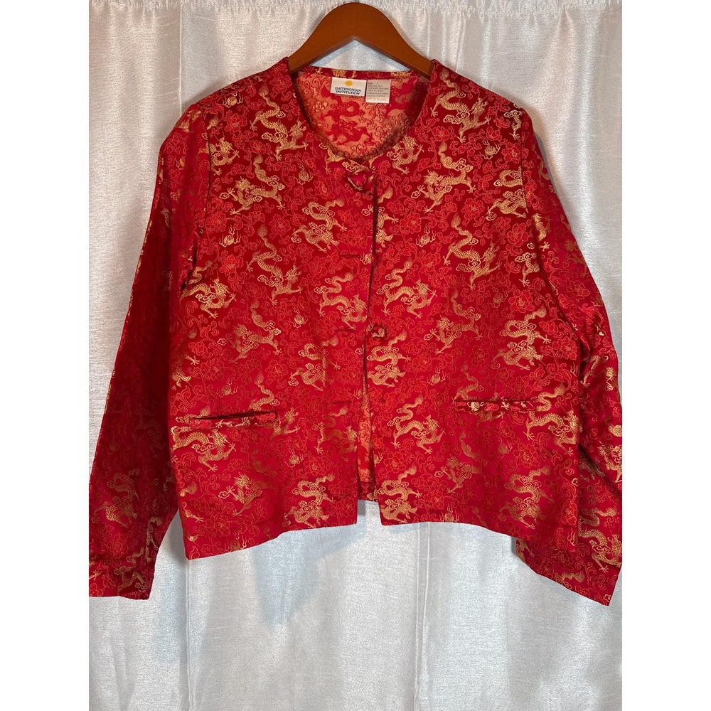 Smithsonian Institution Red Gold Dragon Brocade Jacket Size L Silk‎ Blend